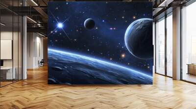 Breathtaking view of planets and stars in outer space, showcasing the vastness and beauty of the universe. Ideal for sci-fi themes. Wall mural