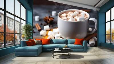 chocolate hot cocoa with marshmallows in a cup. homemade hot chocolate with marshmallows and cinnamon. Wall mural