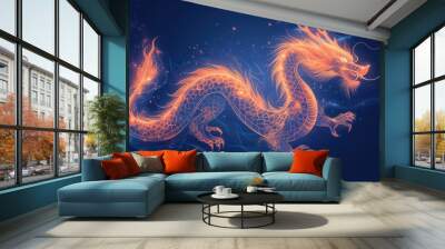 Golden Chinese dragon lines glow on a dark background. Wall mural