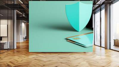 Mint green shield, folders, and credit card on pastel background representing data security, protection, and information safety concepts. Wall mural