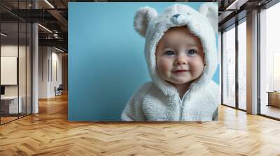 portrait of a baby in a cute white furry hoodie with bear ears, on a pastel blue background. Wall mural