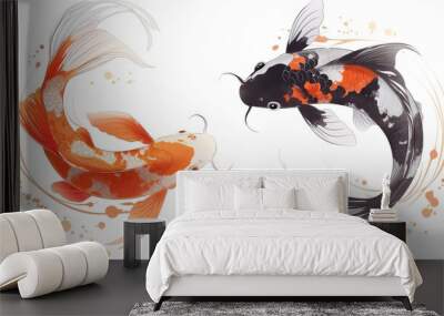 two koi fish swimming in a circle in a white background. forming a yin and yang symbol Wall mural