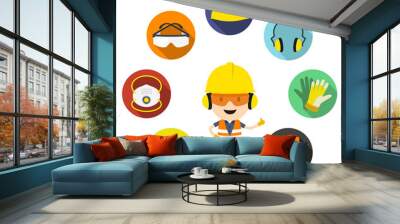 Personal protective equipment and safety icons, Vector illustration, Safety and accident, Industrial safety cartoon Wall mural