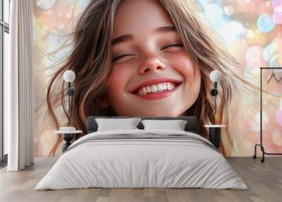 Realistic image of a teenage girl with a beaming smile, featuring soft, natural highlights and a contemporary background.  Wall mural