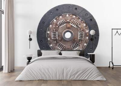 Old and worn clutch plate disc viewed from different angles. Clutch plate on wear limit, loose springs, isolated on white. Wall mural