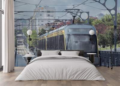 Tram of porto is moving over the famous metal bridge over douro river, with cityscape of porto in the background. Cloudy day Wall mural