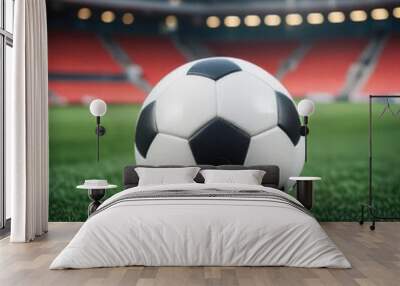 Soccer ball rests on grass of green field in front of majestic lit up, creating exciting atmosphere stadium. Scene captures essence of game, ready for action, excitement. Advertising, banner, print. Wall mural