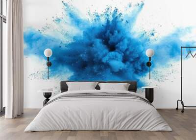 Abstract blue dust explosion on white background, Freeze motion of blue powder exploding Wall mural