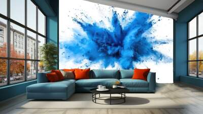 Abstract bright blue dust explosion on white background, Freeze motion of blue powder exploding Wall mural