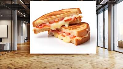 Crispy toasted sandwich with ham, melted cheese, tomato isolated on white background. Street food Wall mural