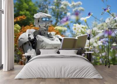 Elegant 3d robot reading book with copy space, surrounded by beautiful floral backdrop, banner Wall mural