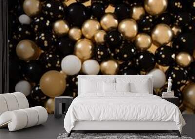 Featuring polystyrene balls background for a carnival celebration concept, black and gold colours, vertical Wall mural