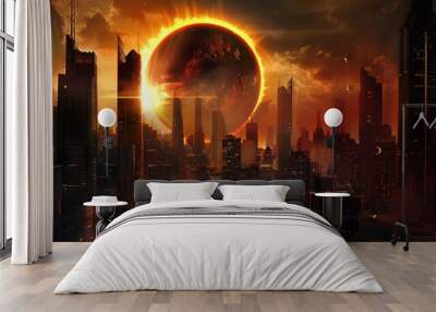 Futuristic landscape of solar eclipse over the city, Solar Eclipse 2024, April 8 Wall mural