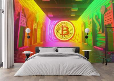 Gold bitcoin coin crypto trading investment success abstract art neon background concept banner Wall mural