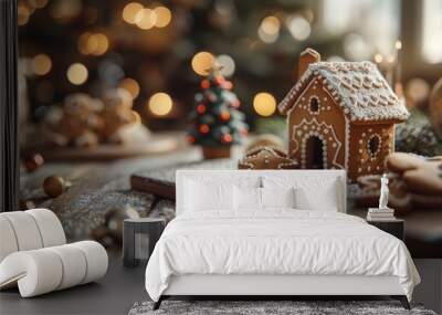 Minimalist Christmas baking scene with cookies, gingerbread houses, and festive decorations in bokeh banner copy space Wall mural