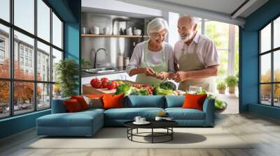 Older couple cooking healthy vegan meal on modern kitchen Wall mural