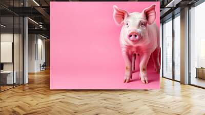 Pig on pink background, farm animal concept, banner, copy space Wall mural