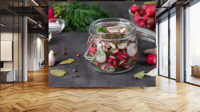 Sliced radish with dill in a glass jar on a dark table with spices and fresh ingredients Wall mural