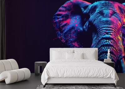 Vibrant neon elephant pattern on empty background, minimalist style with space for text or design Wall mural