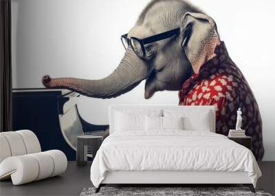 Whimsical portrait of an elephant in sunglasses and summer shirt playing piano on white background isolated Wall mural