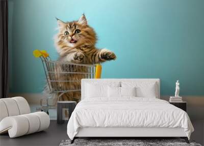 A fluffy cat joyfully pulling a small shopping cart indoors in bright, colorful surroundings Wall mural