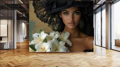 A stunning woman in an elegant black outfit holding white lilies against a textured background Wall mural