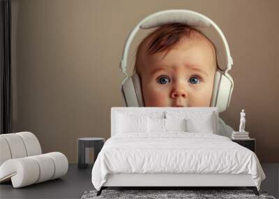 Baby wearing white headphones listening to music with a look of awe Wall mural