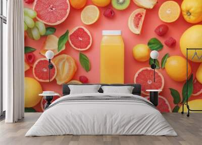 Bright fruit juice bottle design surrounded by colorful fresh fruits on a vibrant background Wall mural