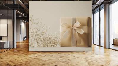 Lightly wrapped gift box with ribbon beside delicate dried flowers on a soft background Wall mural