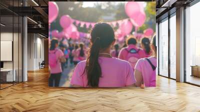 Participants in a community event wearing pink shirts walk together under decorations and balloons in the afternoon sun Wall mural