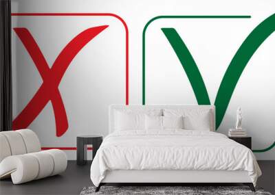 Set of check and cross mark icons. Green tick and red cross checkmarks Wall mural