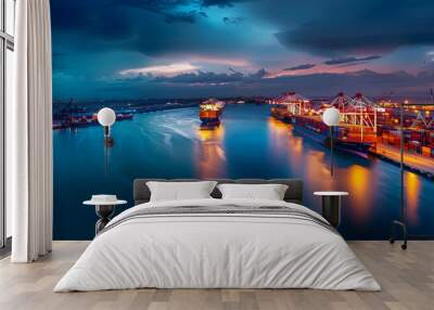 A container ship docked at a brightly lit port during dusk, with vibrant reflections on calm water under dramatic skies. Wall mural