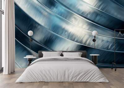 An abstract close-up of curved metallic surfaces with reflective highlights, creating a sleek, futuristic, and industrial look. Wall mural