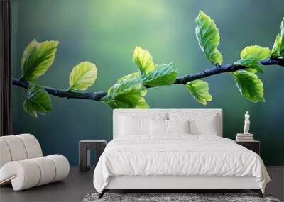 Close-up of fresh green leaves sprouting along a tree branch, symbolizing new spring growth, with a soft, blurred green background. Wall mural