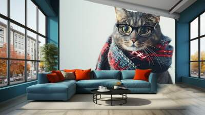 Stylish Cat Wearing Glasses and Scarf Wall mural