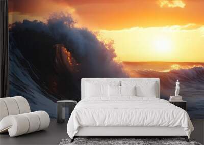 Sunset Over Dramatic Ocean Wave at Dusk Wall mural