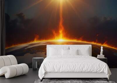 The sun shines on the earth until hot as fire. Global warming causes people to have an impact Wall mural