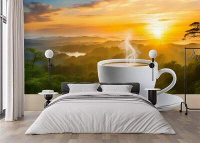 White Coffee cup on wooden with cough and nature background Wall mural