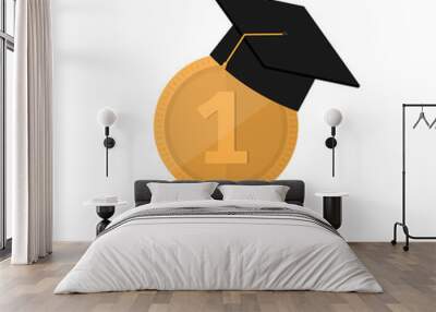 Graduation cap with champion gold, award medals with blue ribbons icon Wall mural