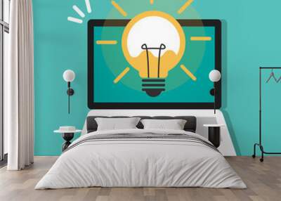 Light bulb with rays shine. Energy and idea symbol on laptop, computer icon Wall mural