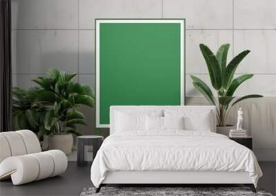 Green blank signboard between two potted plants against a tiled wall, ideal for advertising mockup or promotional content. Wall mural