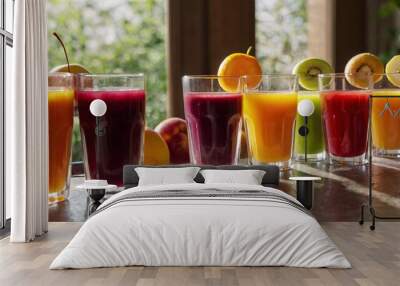 A variety of colorful fruit juices in clear glasses Wall mural