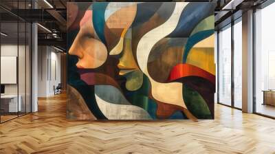 Double exposure of man and woman combined with abstract colorful hand painted textures Wall mural