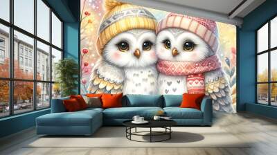 Two cute owls in hats and scarves. Watercolor illustration. Wall mural