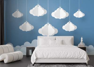 Paper art design mobile style the concept is rainy season, Cloud and Rain on dark background , vector design element illustration Wall mural