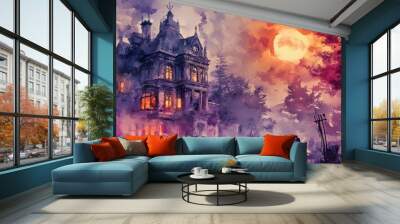 Eerie haunted house scene with electric vehicles parked outside, people practicing self-care routines, a unique fusion of spooky and wellness, bold watercolor style Wall mural