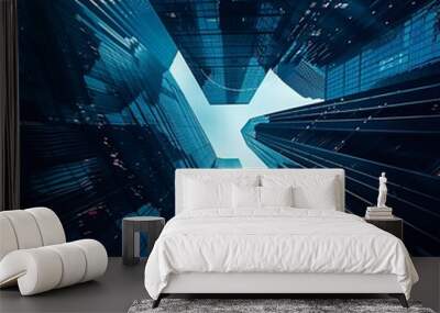 Low Angle View of Financial Infrastructure Underneath towering banks and financial institutions, with beams of light depicting digital transactions, in a futuristic noir style Wall mural