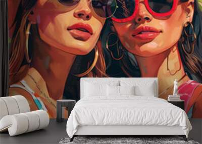 Two female friends wearing sunglasses, fashion magazine style illustration. Concept of women's friendship, sisterhood.   Wall mural