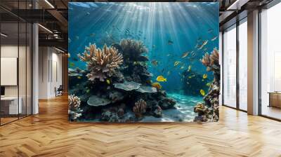 coral reef with fish,A scuba diver swims towards a coral reef under the sun's rays. Fish, including one yellow and two orange, swim alongside the diver. Wall mural