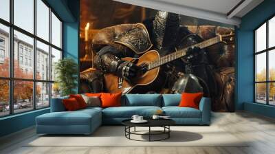 A medieval knight in armor sits on a sofa, happily playing a guitar, blending history with a fun musical moment Wall mural